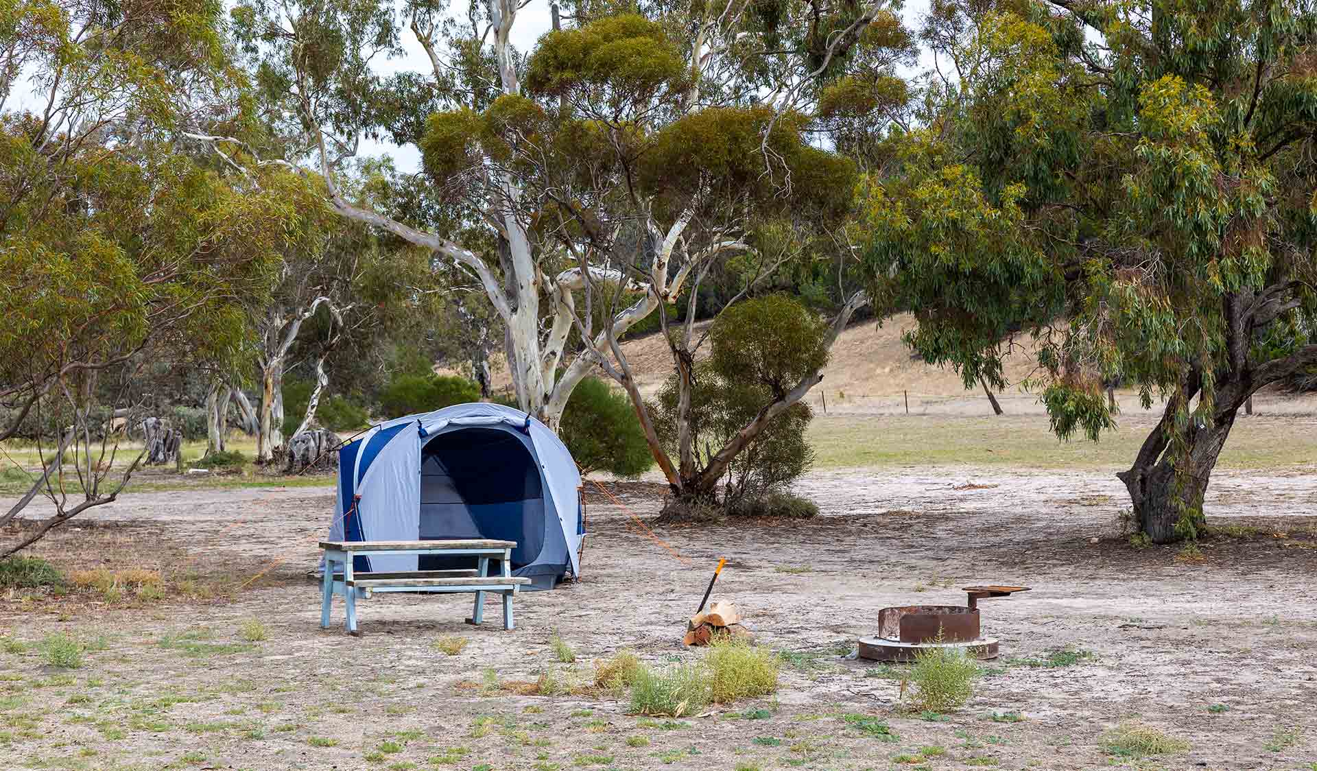 A tent, fireplace and picnic table at Wonga Camground at Wyperfeld National Park