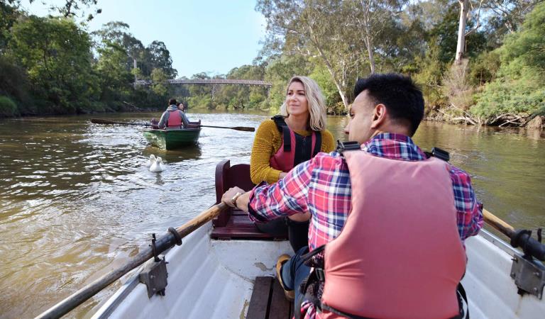 Two couples in two boats rowing down the Yarra River with two white ducks in the water