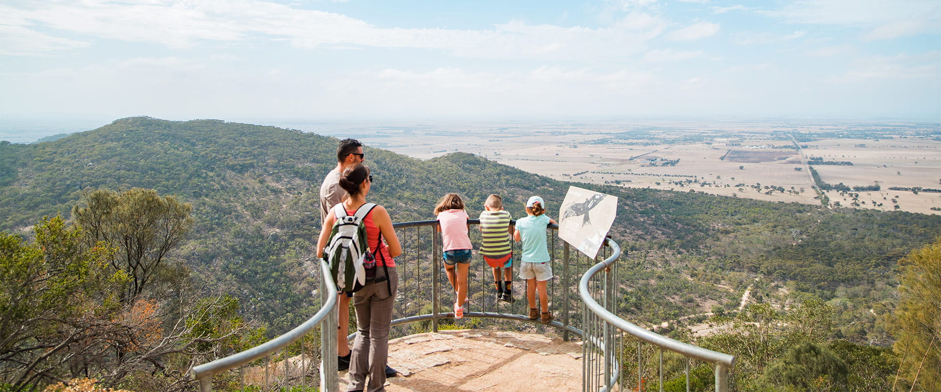 A family look out over the views of the park and farmland below.