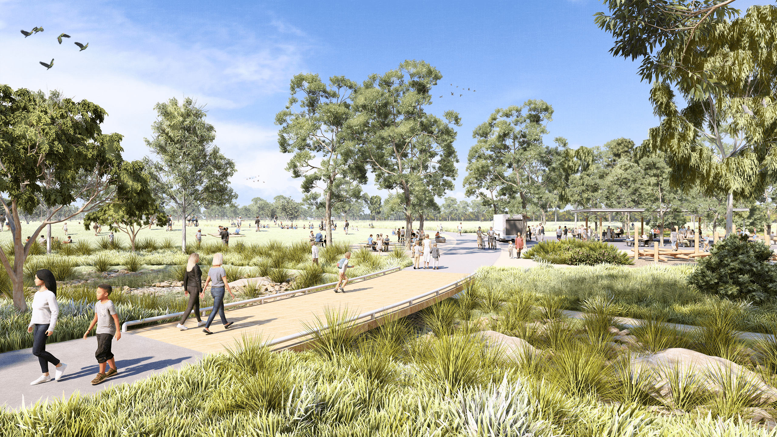 Main visitor area showing places to picnic, BBQ and relax people are walking on paths and sitting on open lawns with a blue sky and tall native trees in the background