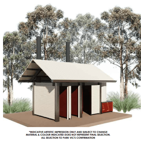 An artist's rendering of the completed alpine toilet for Sheepyard Flat North and South. There is a building with 3 toilets surrounded by trees.