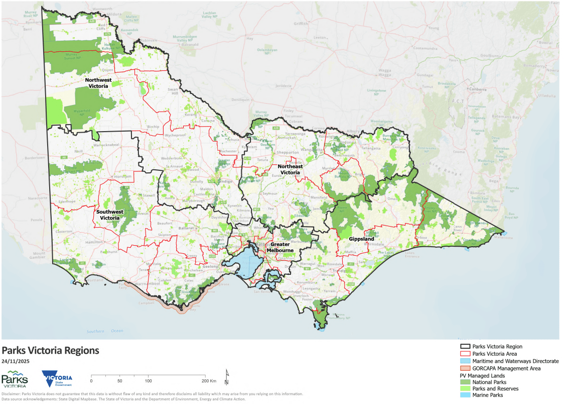A map of Victoria with Parks Victoria regional boundaries outlined.