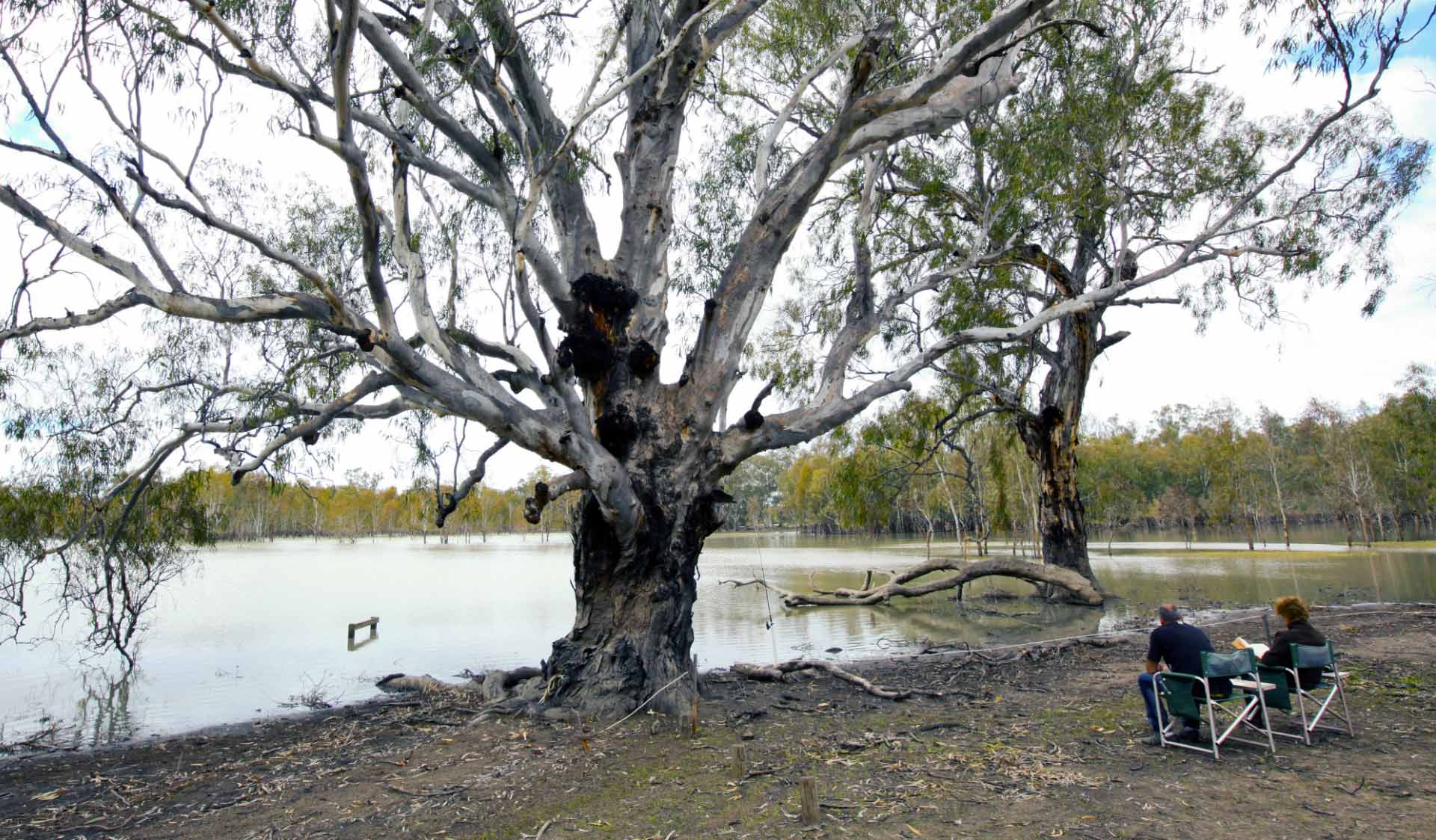 Two people camping by the water