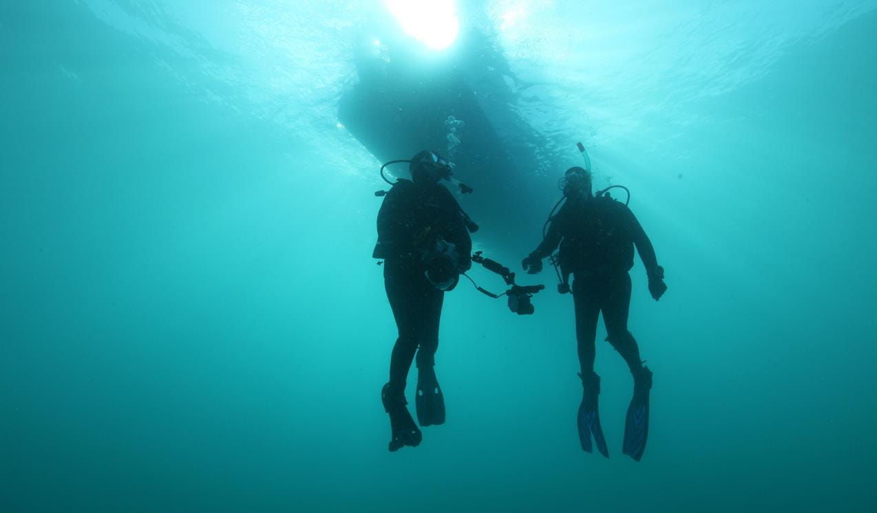 two divers underwater with a boat above